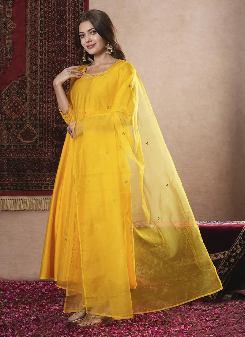 GoSriKi  GoSriKi Women's Rayon Blend Anarkali Solid Kurta with Pant & Dupatta (SITAPATI YELLOW-VKS01-GS_L_Yellow_Large) for Women | Best Price UAE